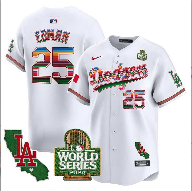Men MLB Mexico Los Angeles Dodgers #25 Edman white 2024 World Series Champions Patch Jersey 2024110 style 2->los angeles dodgers->MLB Jersey